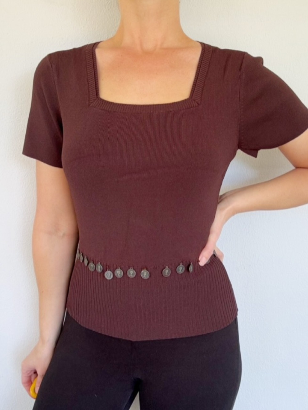 Willi Smith brown coin beaded square neck short sleeve knit sweater top large
